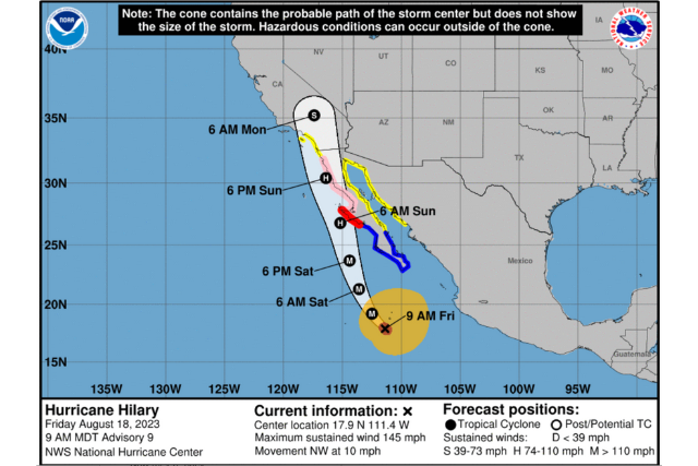 NOAA Image of Hurricane Hillary's Cone