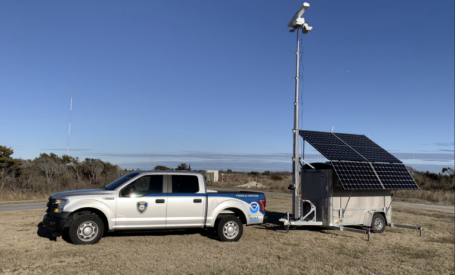 An M2 mobile radar unit shown here alongside a National Oceanic and Atmospheric Administration Office of Law Enforcement marked patrol vehicle, deployed during a vessel speed rule operation in the Mid-Atlantic region. NOAA photo.
