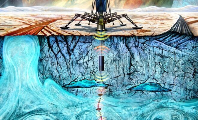 This illustration shows the NASA cryobot concept called Probe using Radioisotopes for Icy Moons Exploration (PRIME) deploying tiny wedge-shaped robots into the ocean miles below a lander on the frozen surface of an ocean world. Credit: NASA/JPL-Caltech Full Image Details