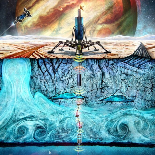 This illustration shows the NASA cryobot concept called Probe using Radioisotopes for Icy Moons Exploration (PRIME) deploying tiny wedge-shaped robots into the ocean miles below a lander on the frozen surface of an ocean world. Credit: NASA/JPL-Caltech Full Image Details