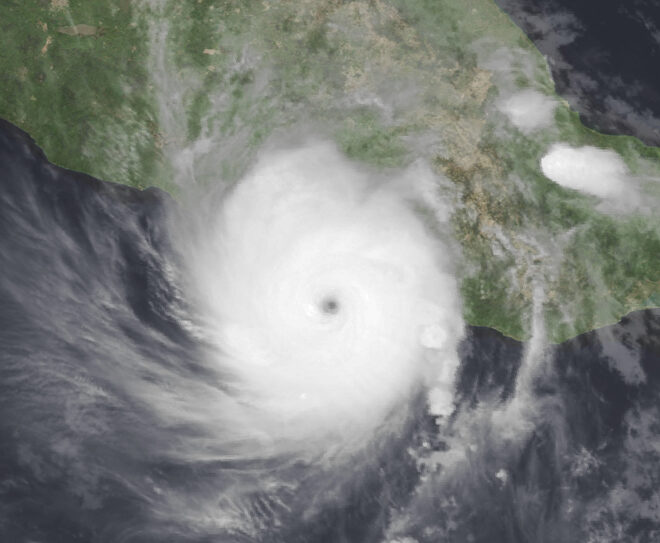 This NOAA GOES-16 satellite image shows Hurricane Otis shortly after it rapidly intensified to category 5 strength on October 24.