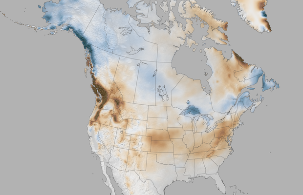 Changes in snowfall (in inches per decade) between 1959 and 2023. Across most of the United States—Alaska being the major exception—snowfall has declined (brown colors). NOAA Climate.gov map, based on ERA5 data from 1959-2023 analyzed by Michelle L'Heureux.