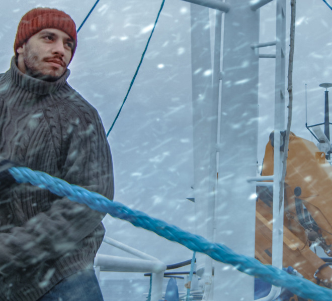 Fisherman in snow. Image from Canvas.com