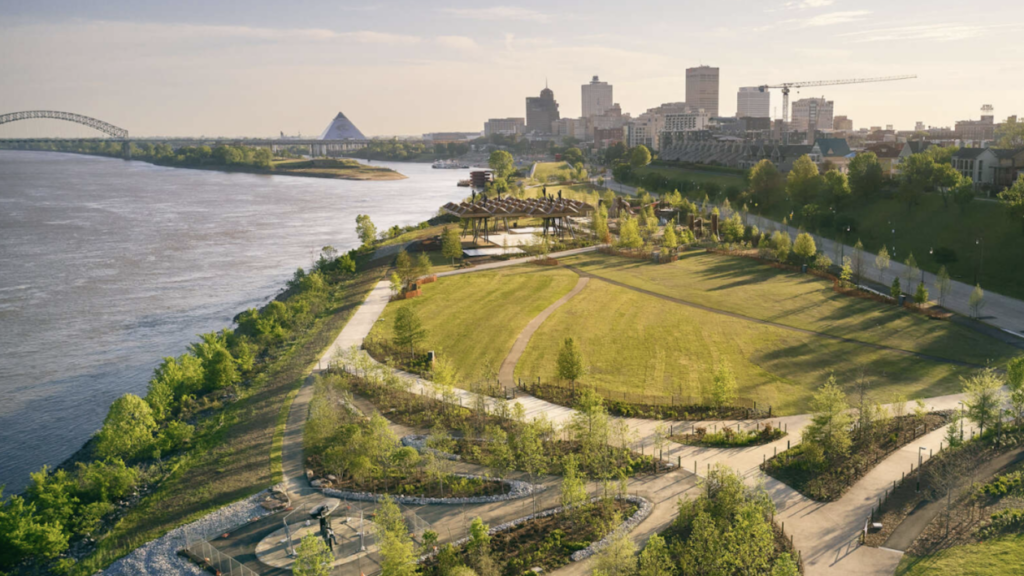 Tom Lee Park along the Mississippi River in Memphis, a project co-designed by Kate Orff's firm. Once a city dump, the site now supports native trees and other vegetation. SCAPE