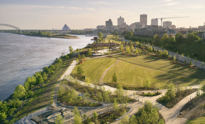 Tom Lee Park along the Mississippi River in Memphis, a project co-designed by Kate Orff's firm. Once a city dump, the site now supports native trees and other vegetation. SCAPE