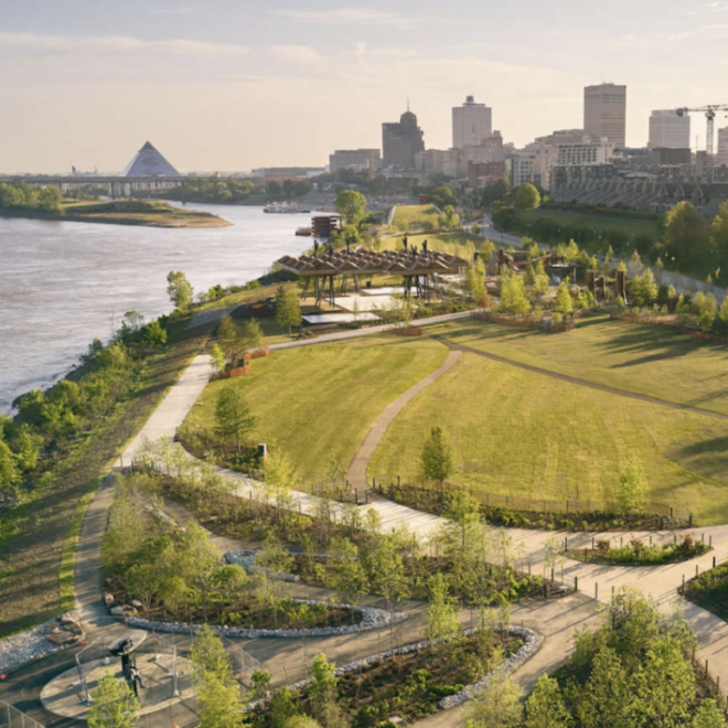 Tom Lee Park along the Mississippi River in Memphis, a project co-designed by Kate Orff's firm. Once a city dump, the site now supports native trees and other vegetation. SCAPE