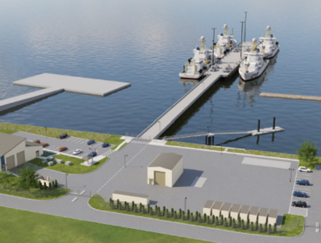 A rendering of the new NOAA marine operations center building planned for Naval Station Newport in Rhode Island. Burns & McDonnell image.