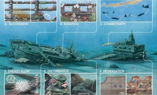 Scientists study shipwreck sites to better understand ecological processes like succession, zonation, connectivity, energy flow, disturbance, and degradation. In the future, shipwrecks may provide opportunities to establish a global monitoring network for studying these processes in aquatic environments. Illustration by Alex Boersma.