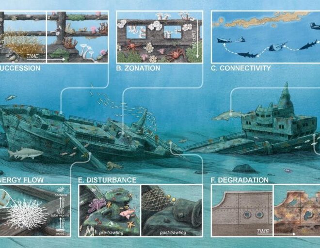 Scientists study shipwreck sites to better understand ecological processes like succession, zonation, connectivity, energy flow, disturbance, and degradation. In the future, shipwrecks may provide opportunities to establish a global monitoring network for studying these processes in aquatic environments. Illustration by Alex Boersma.