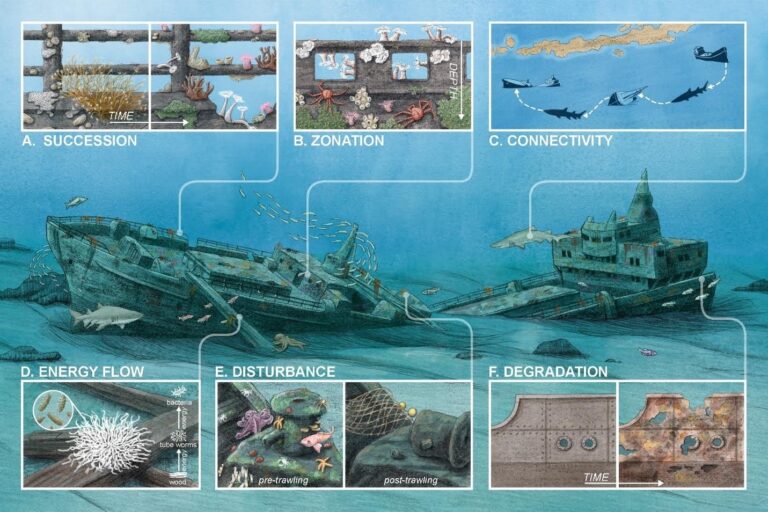 Scientists study shipwreck sites to better understand ecological processes like succession, zonation, connectivity, energy flow, disturbance, and degradation. In the future, shipwrecks may provide opportunities to establish a global monitoring network for studying these processes in aquatic environments. Illustration by Alex Boersma.