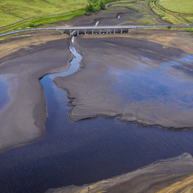 July 3, 2023: An aerial view of low water levels at Woodhead Reservoir in Glossop, England, after the United Kingdom sweltered through its hottest June on record. 2023 was the world’s warmest year on record, beating the next warmest year (2016) by a record-setting margin of 0.23 of a degree F (0.13 of a degree C). (Image credit: Christopher Furlong/Getty Images)