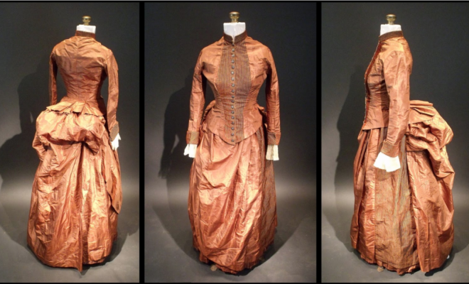 Three views of the 1880s silk bustle dress in which crumpled bits of paper containing a code were found. The pocket where the code was found is located under the overskirt at the right hip. (Image credit: Sara Rivers Cofield)