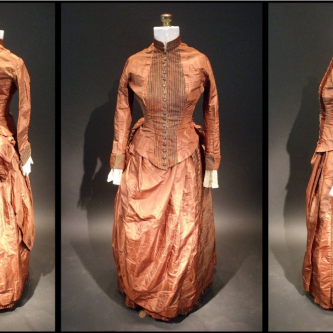 Three views of the 1880s silk bustle dress in which crumpled bits of paper containing a code were found. The pocket where the code was found is located under the overskirt at the right hip. (Image credit: Sara Rivers Cofield)