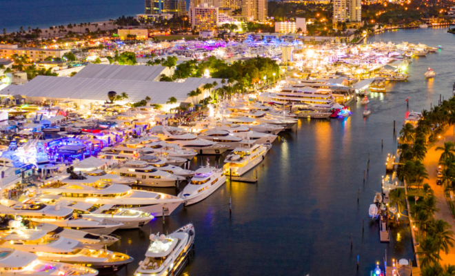 Boat Show in Florida, aerial view. Image from Canva.com.