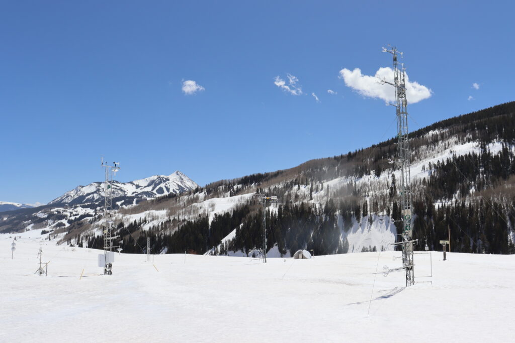 The ISFS tower configuration was lovingly called the "Bermuda Triangle" because the main weather towers were positioned in a triangle to gather data from a variety of angles and account for changing wind direction. The arms extending from the towers contain a combination of sonic anemometers/gas analyzers that take measurements, which helps scientists to determine what happens to snow and water vapor at differing heights.