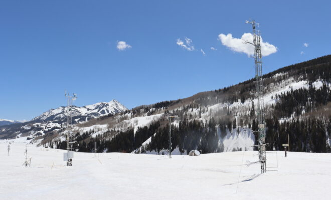 The ISFS tower configuration was lovingly called the "Bermuda Triangle" because the main weather towers were positioned in a triangle to gather data from a variety of angles and account for changing wind direction. The arms extending from the towers contain a combination of sonic anemometers/gas analyzers that take measurements, which helps scientists to determine what happens to snow and water vapor at differing heights.