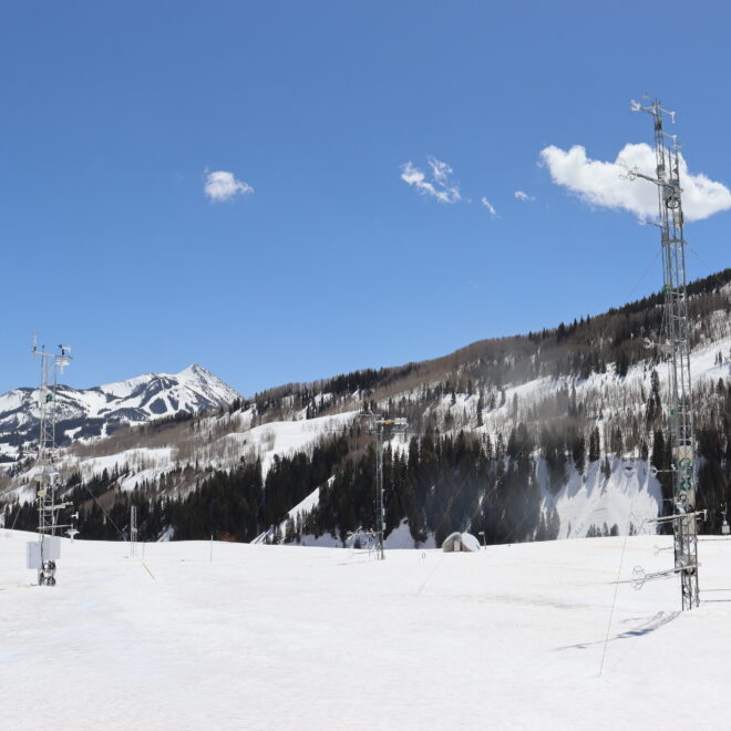 The ISFS tower configuration was lovingly called the "Bermuda Triangle" because the main weather towers were positioned in a triangle to gather data from a variety of angles and account for changing wind direction. The arms extending from the towers contain a combination of sonic anemometers/gas analyzers that take measurements, which helps scientists to determine what happens to snow and water vapor at differing heights.
