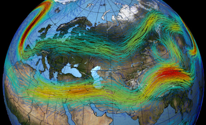 New research shows that the fastest jet stream winds will accelerate with climate change. (Image by NASA/Goddard Space Flight Center Scientific Visualization Studio.)