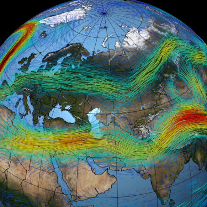 New research shows that the fastest jet stream winds will accelerate with climate change. (Image by NASA/Goddard Space Flight Center Scientific Visualization Studio.)