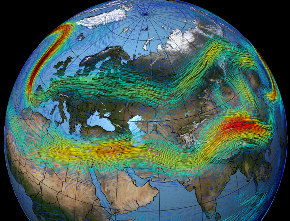 New research shows that the fastest jet stream winds will accelerate with climate change. (Image by NASA/Goddard Space Flight Center Scientific Visualization Studio.)