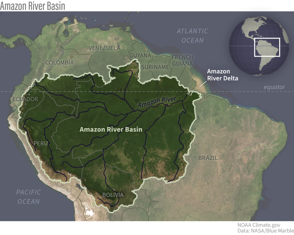 Straddling the equator, the Amazon River Basin occupies more than a third of South America. Rainfall is seasonal, shifting north of the equator in Northern Hemisphere summer and south of the equator in Northern Hemisphere winter. NOAA Climate.gov image, based on NASA Blue Marble collection.