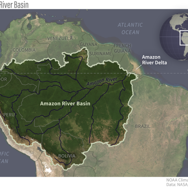Straddling the equator, the Amazon River Basin occupies more than a third of South America. Rainfall is seasonal, shifting north of the equator in Northern Hemisphere summer and south of the equator in Northern Hemisphere winter. NOAA Climate.gov image, based on NASA Blue Marble collection.