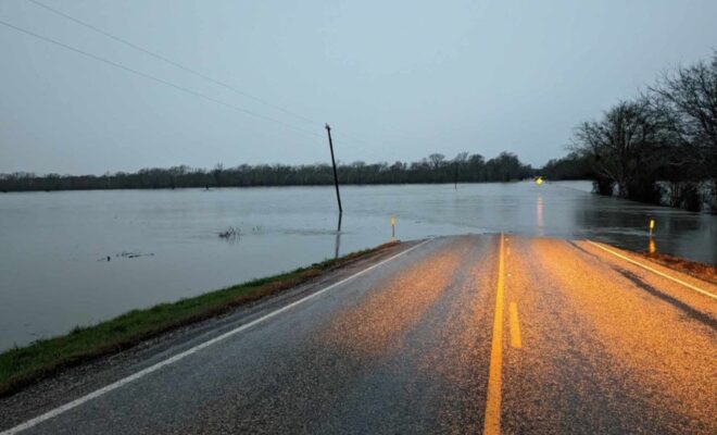 January 2024: Extensive flooding along Cummings Creek at FM 1291 near the Fayette/Colorado County line, Texas, caused by a widespread heavy rainfall event in parts of Texas and Louisiana. The onslaught of rain occurred from January 22–25, 2024. (Image credit: Ben Madison)