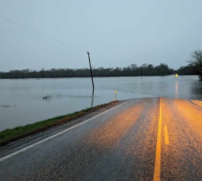 January 2024: Extensive flooding along Cummings Creek at FM 1291 near the Fayette/Colorado County line, Texas, caused by a widespread heavy rainfall event in parts of Texas and Louisiana. The onslaught of rain occurred from January 22–25, 2024. (Image credit: Ben Madison)