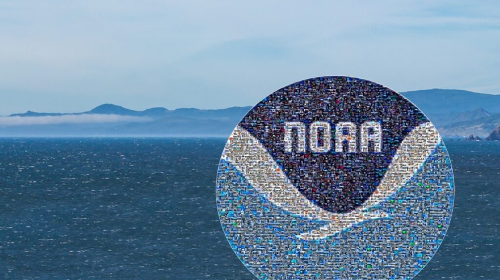 A photo mosaic comprising a large NOAA logo with ocean and mountains near Port Orford, Oregon, in the distance. (Image credit: NOAA )