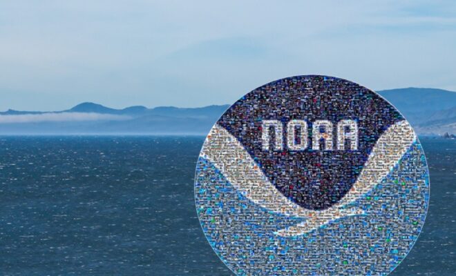 A photo mosaic comprising a large NOAA logo with ocean and mountains near Port Orford, Oregon, in the distance. (Image credit: NOAA )