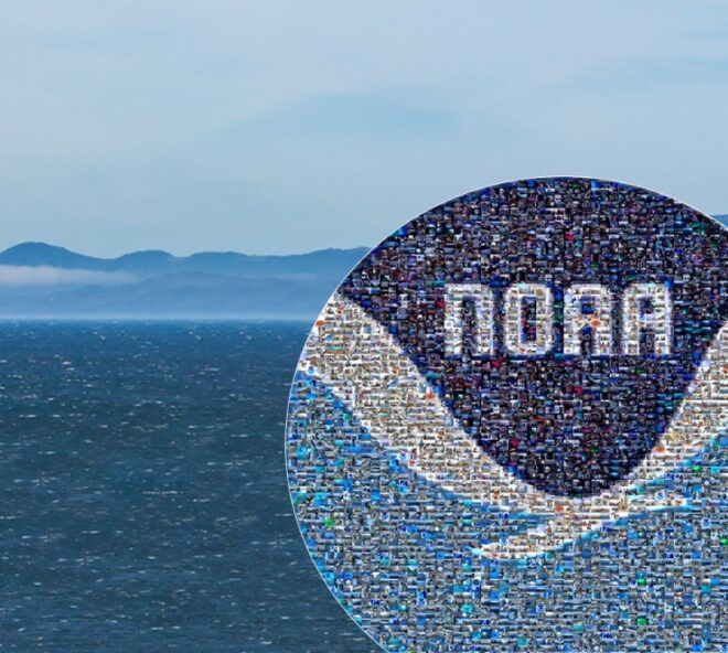 A photo mosaic comprising a large NOAA logo with ocean and mountains near Port Orford, Oregon, in the distance. (Image credit: NOAA )