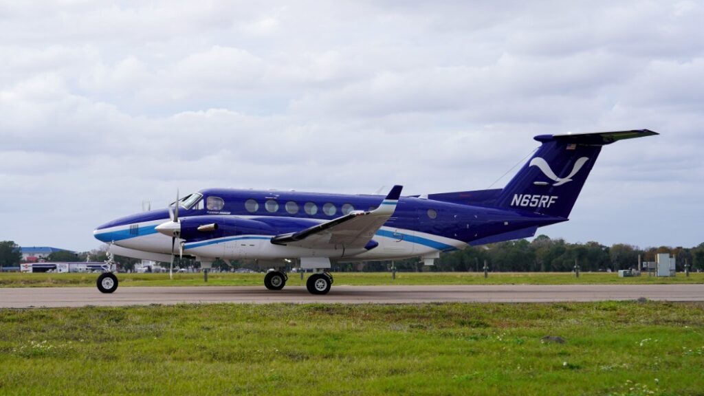 NOAA Beechcraft King Air N65RF taxis to the NOAA Aircraft Operations Center upon arrival in Lakeland, Florida. (Image credit: NOAA)