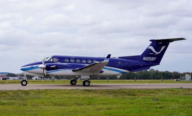 NOAA Beechcraft King Air N65RF taxis to the NOAA Aircraft Operations Center upon arrival in Lakeland, Florida. (Image credit: NOAA)