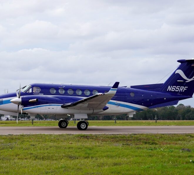 NOAA Beechcraft King Air N65RF taxis to the NOAA Aircraft Operations Center upon arrival in Lakeland, Florida. (Image credit: NOAA)