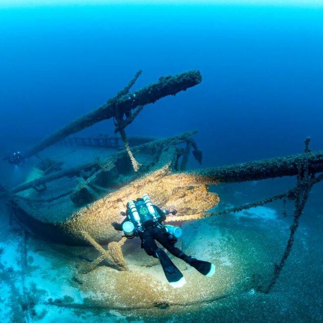 Wreck of the schooner Galinipper, Wisconsin Shipwreck Coast National Marine Sanctuary's oldest known shipwreck. Image: Becky Schott / Liquid Productions