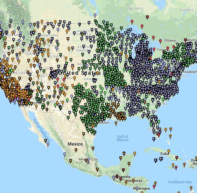 NOAA's National Geodetic Survey defines and manages the National Spatial Reference System — a consistent coordinate system that defines latitude, longitude, height, scale, gravity, and orientation throughout the United States. In addition to a network of continuously operating reference stations supporting three-dimensional positioning activities (shown here), the reference system includes a network of permanently marked points; a consistent, accurate, and up-to-date national shoreline; and a set of accurate models describing dynamic, geophysical processes that affect spatial measurements.