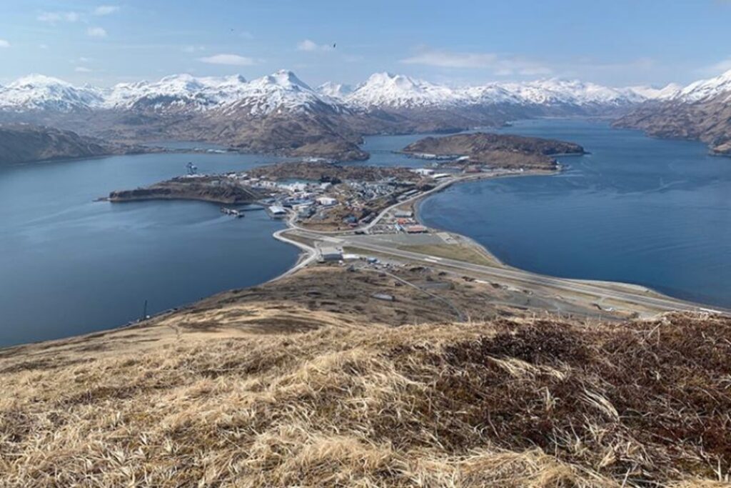 Port of Dutch Harbor and the village of Unalaska in the Aleutian Chain on the edge of the southeastern Bering Sea. Dutch Harbor the largest fishing port by volume in the U.S. Credit: NOAA Fisheries/Paul Hillman.
