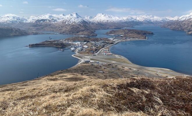 Port of Dutch Harbor and the village of Unalaska in the Aleutian Chain on the edge of the southeastern Bering Sea. Dutch Harbor the largest fishing port by volume in the U.S. Credit: NOAA Fisheries/Paul Hillman.