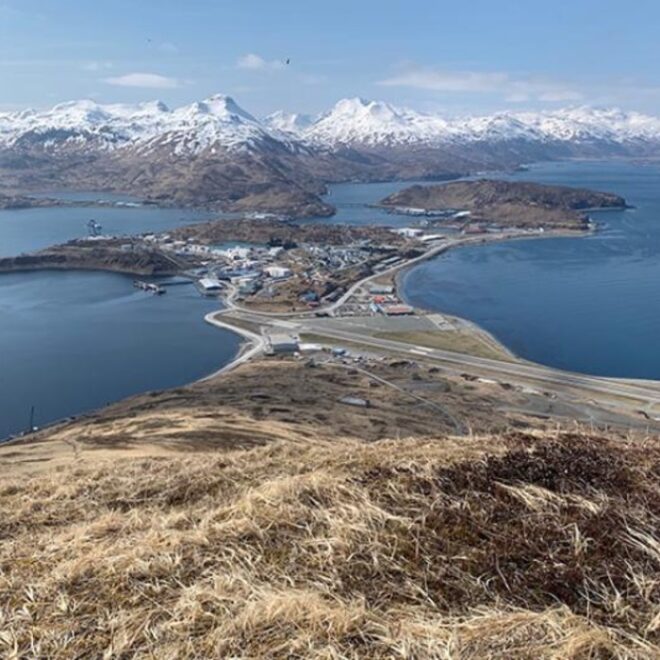 Port of Dutch Harbor and the village of Unalaska in the Aleutian Chain on the edge of the southeastern Bering Sea. Dutch Harbor the largest fishing port by volume in the U.S. Credit: NOAA Fisheries/Paul Hillman.