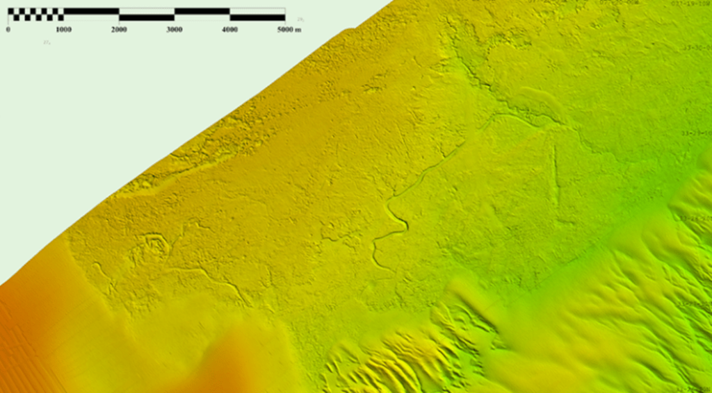 A graphic showing newly discovered underwater paleochannels off of Wilmington, North Carolina shown at 4-meter resolution