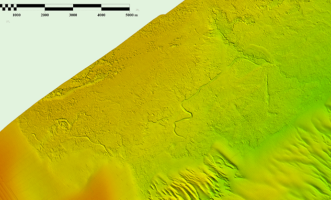 A graphic showing newly discovered underwater paleochannels off of Wilmington, North Carolina shown at 4-meter resolution