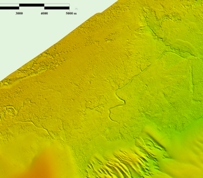 A graphic showing newly discovered underwater paleochannels off of Wilmington, North Carolina shown at 4-meter resolution