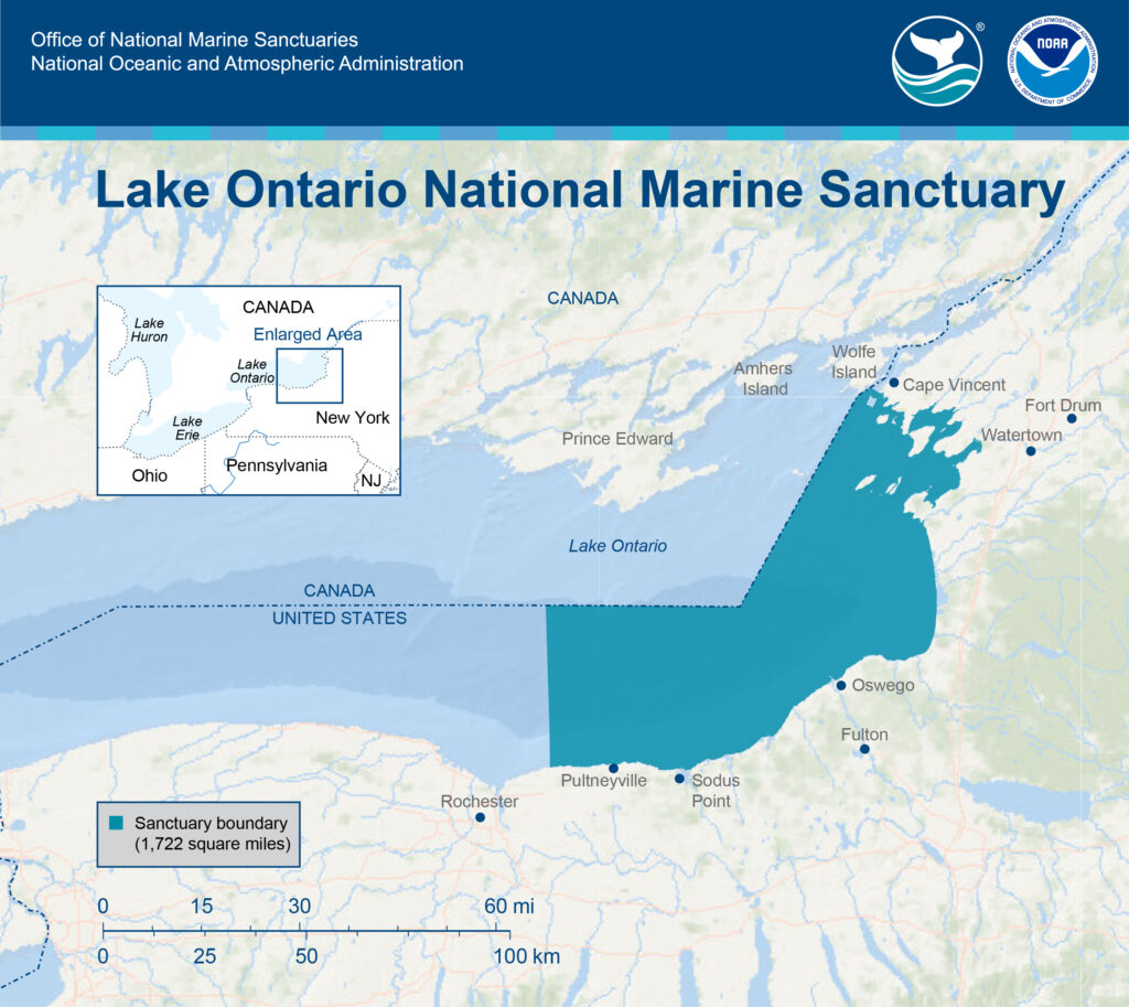 Map of eastern Lake Ontario showing Lake Ontario National Marine Sanctuary's boundaries, which encompasses 1,722 square miles/ noaa.gov