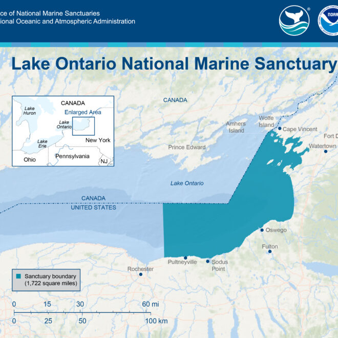 Map of eastern Lake Ontario showing Lake Ontario National Marine Sanctuary's boundaries, which encompasses 1,722 square miles/ noaa.gov