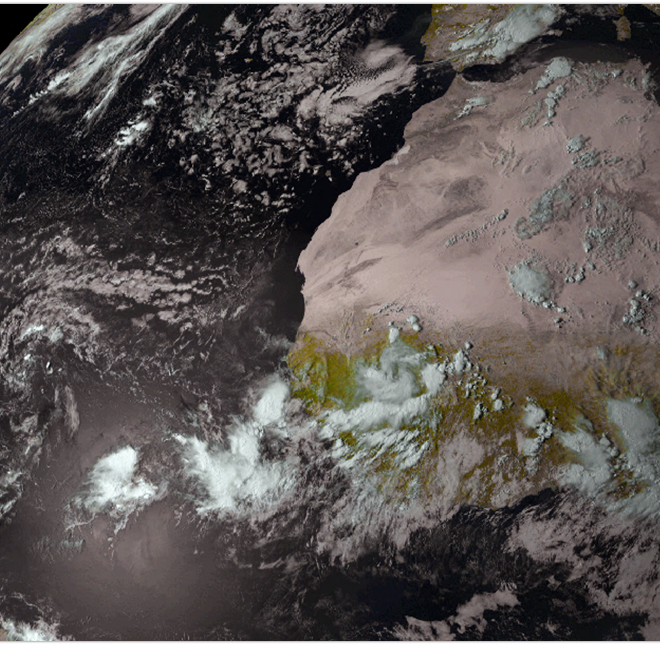 African easterly wave convection moving over Africa into the Atlantic captured by the Meteosat Second Generation Satellite. (Image downloaded via EUMETSAT.)