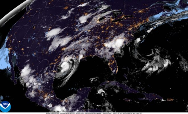 A satellite image of Beryl approaching land on the Texas coast in the Gulf of Mexico taken by NOAA's GOES-16 (GOES East) satellite at 11:56 PM (EDT) on July 7, 2024. (Image credit: Beryl approaches Texas coast.)