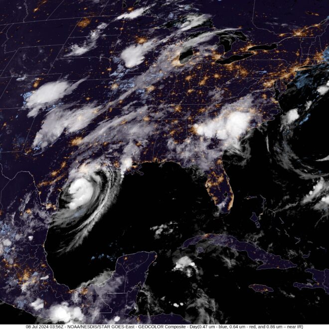 A satellite image of Beryl approaching land on the Texas coast in the Gulf of Mexico taken by NOAA's GOES-16 (GOES East) satellite at 11:56 PM (EDT) on July 7, 2024. (Image credit: Beryl approaches Texas coast.)