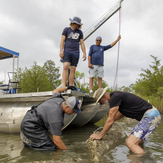 August 15, 2023: Workers from marine companies that focus on coastal resilience are installing oyster habitat, called oyster castles, made of oyster shells and concete in a channel of Whittaker Creek in Gloucester, Virginia, to support healthy oysters. (Image credit: Virginia Sea Grant