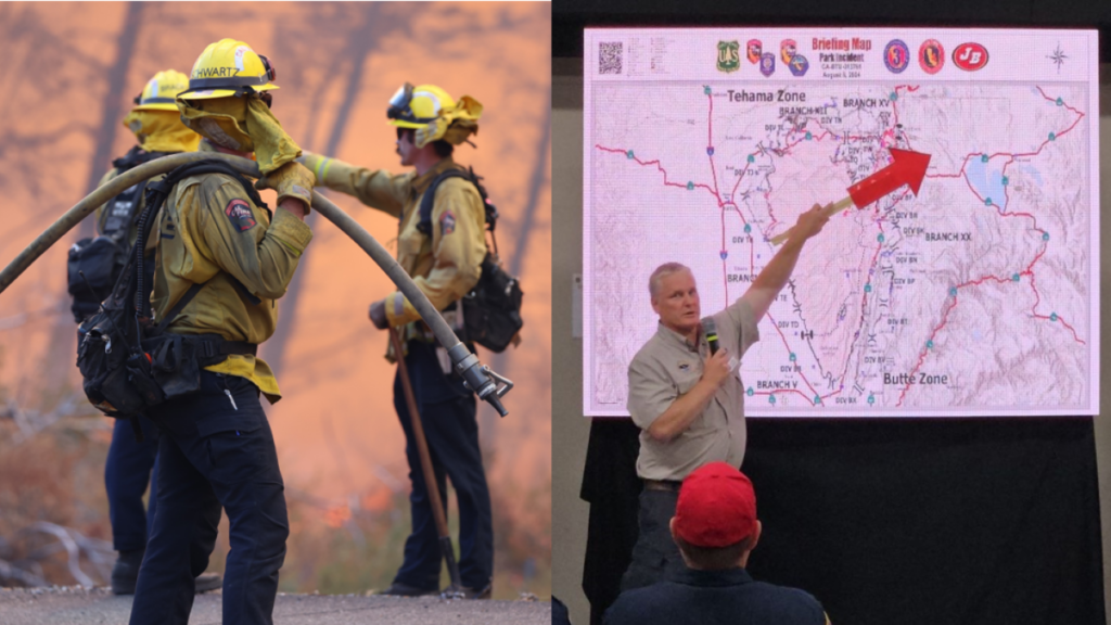 July 25, 2024: Emergency responders on the scene at the California Park Fire. Right: August 8, 2024: National Weather Service Incident Meteorologist Ryan Walbrun briefs the CalFire Incident Management Team on smoke trajectory and impacts while deployed on the Park Fire. (Image credit: Left: California Department of Forestry and Fire Protection (CalFire); Right: NOAA.)