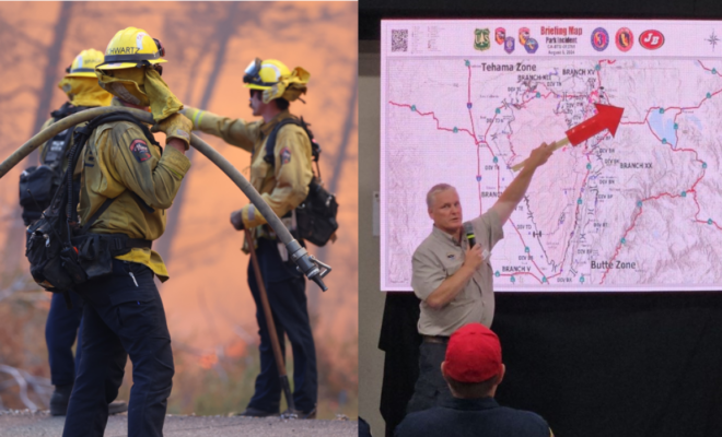 July 25, 2024: Emergency responders on the scene at the California Park Fire. Right: August 8, 2024: National Weather Service Incident Meteorologist Ryan Walbrun briefs the CalFire Incident Management Team on smoke trajectory and impacts while deployed on the Park Fire. (Image credit: Left: California Department of Forestry and Fire Protection (CalFire); Right: NOAA.)